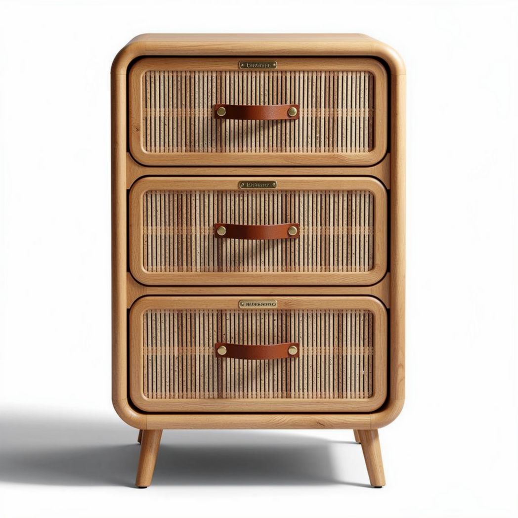 Houten ladekast met drie rieten lades afmetingen 60 x 40 x 80cm