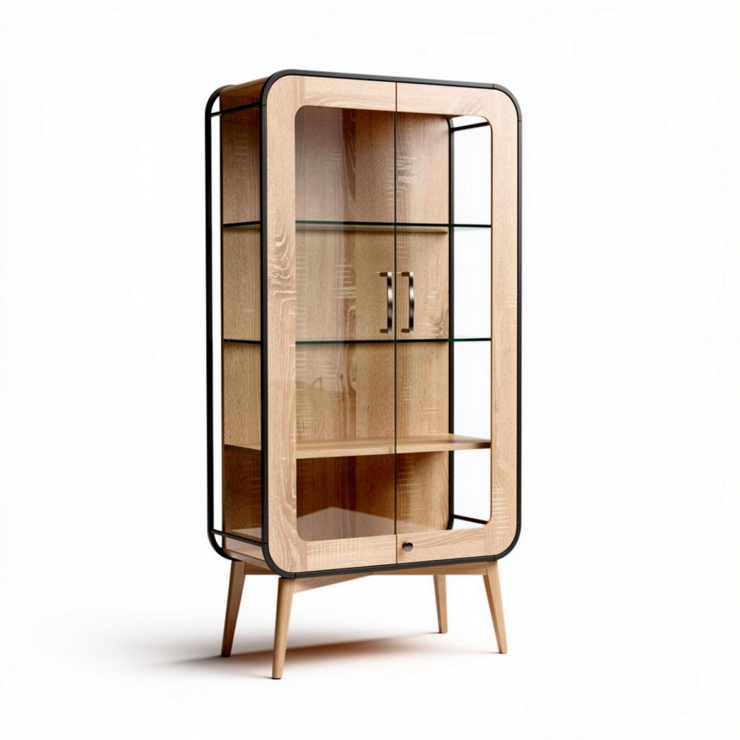 Houtlook vitrinekast met glazen deuren en metalen frame 80 x 40 x 180cm