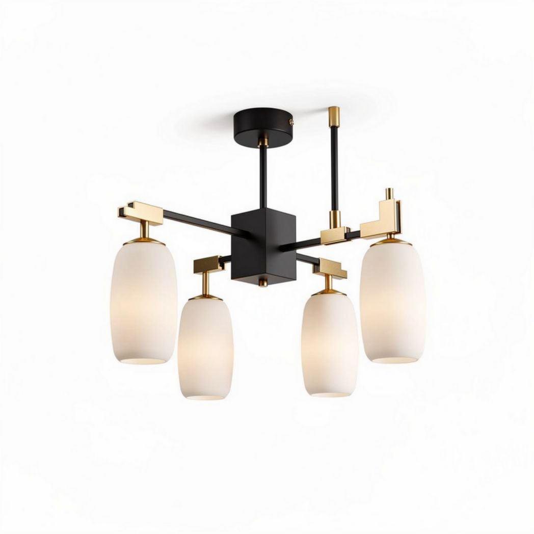Hanglamp met vier witte glazen lichtbronnen en een zwarte en gouden afwerking