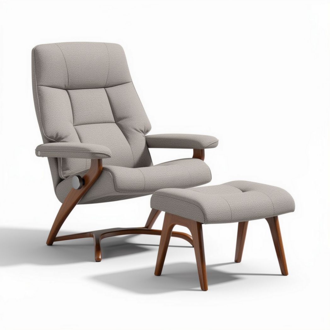 Leunstoel met ottoman in lichtgrijs polyester en houten frame 80 x 70 x 100cm