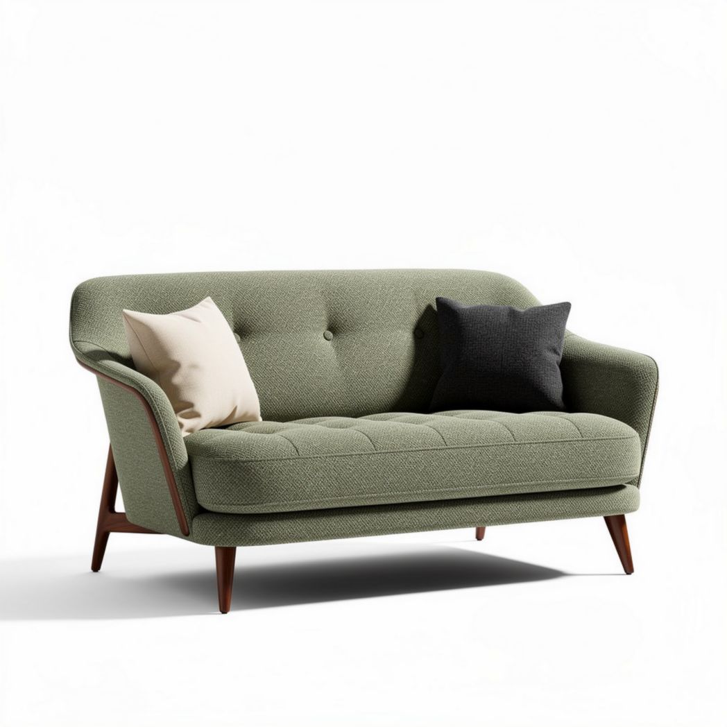 Bank van stof in groen met houtkleurige poten en twee kussens 150 x 85 x 80cm