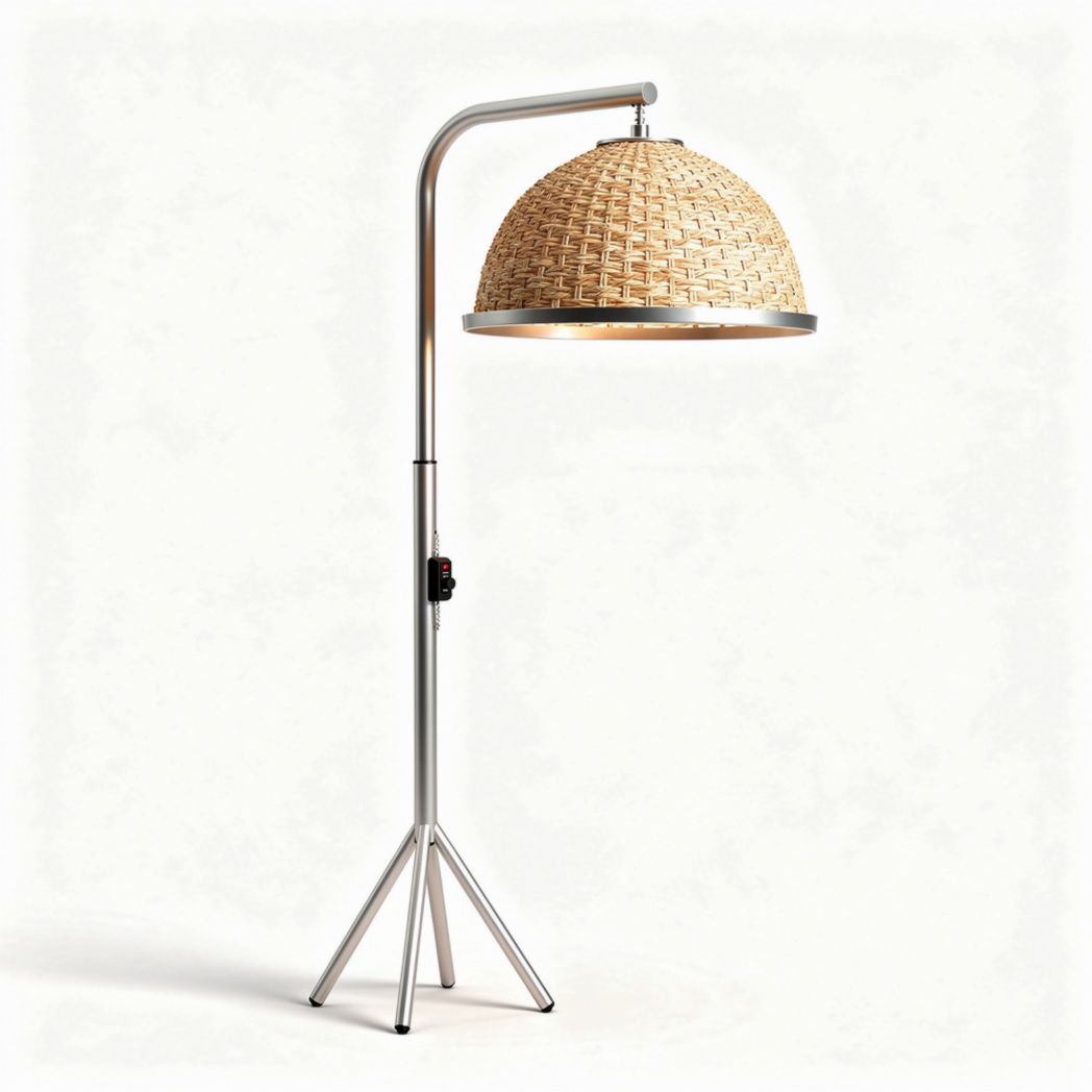 Stalen vloerlamp met een gevlochten rieten kap hoogte 150cm