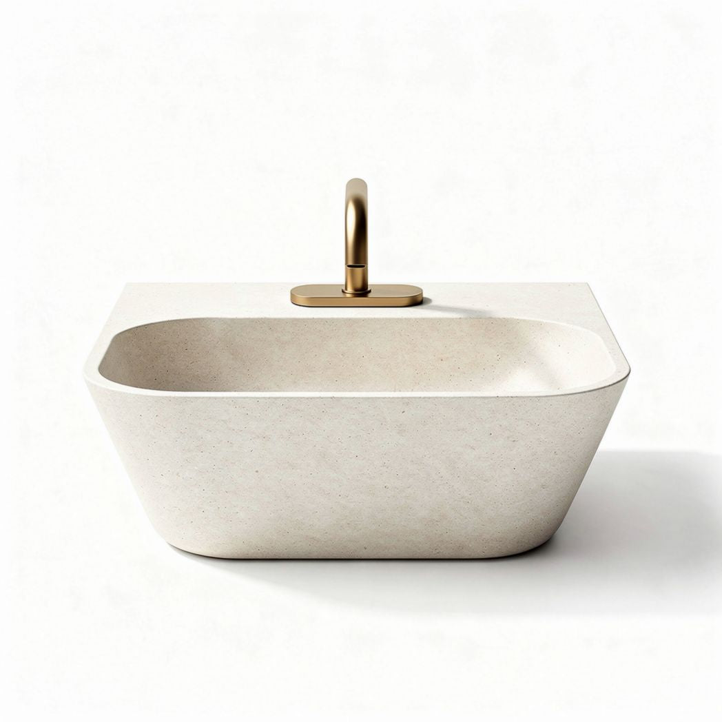 Wit vrijstaand wastafel met gouden kraan van natuursteen 40 x 25 x 15cm