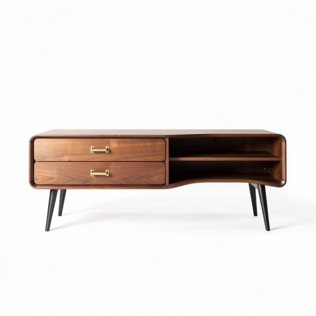 Lage tv-kast van hout met twee lades en open vakken 120 x 40 x 50cm