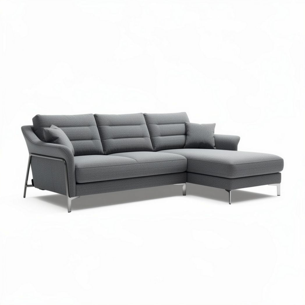 Grijs l-vormige bank met chaise longue en metalen poten 250 x 90 x 85cm